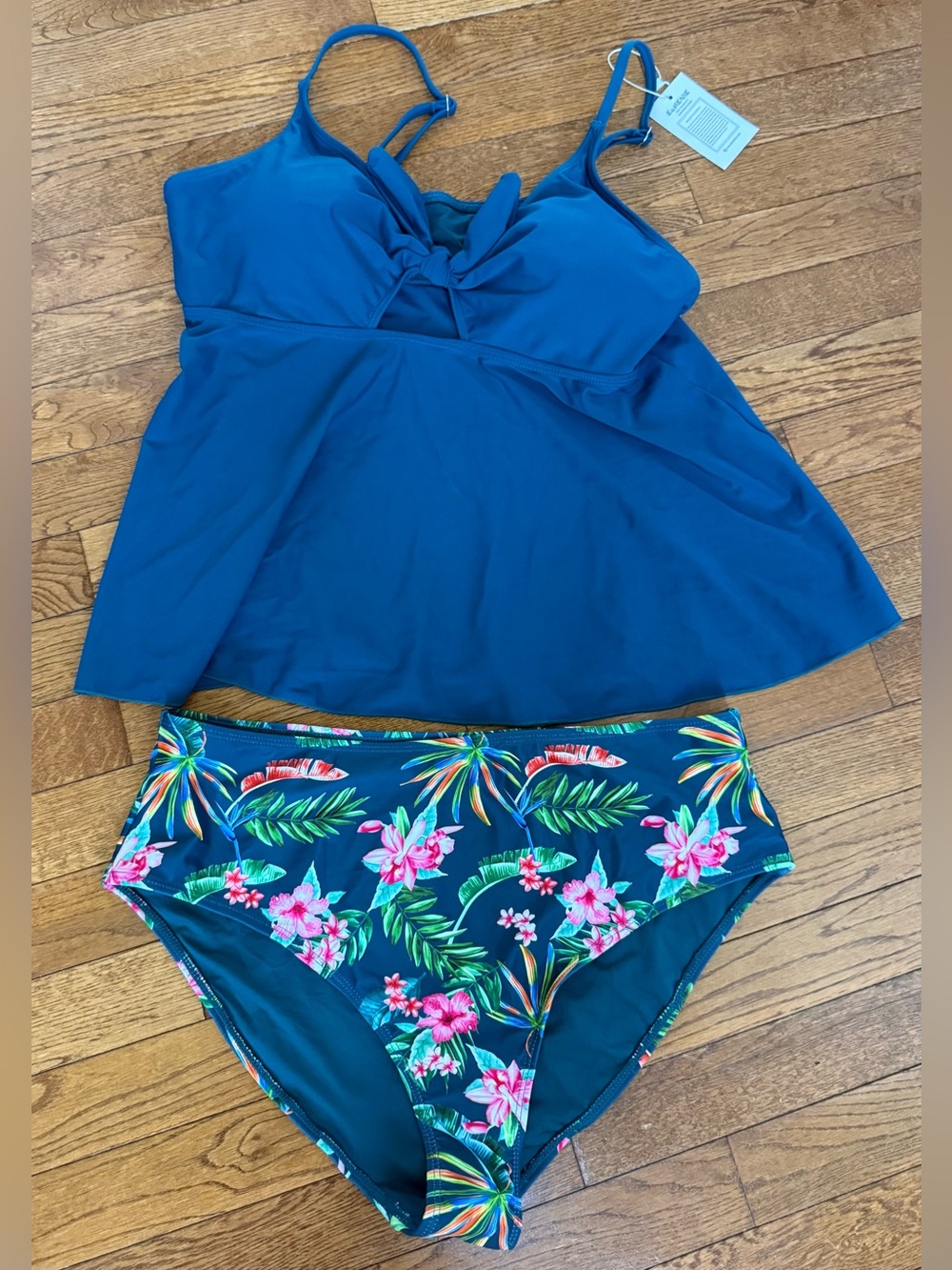 Women's Dark Teal Tankini Top with Floral Bikini Bottom